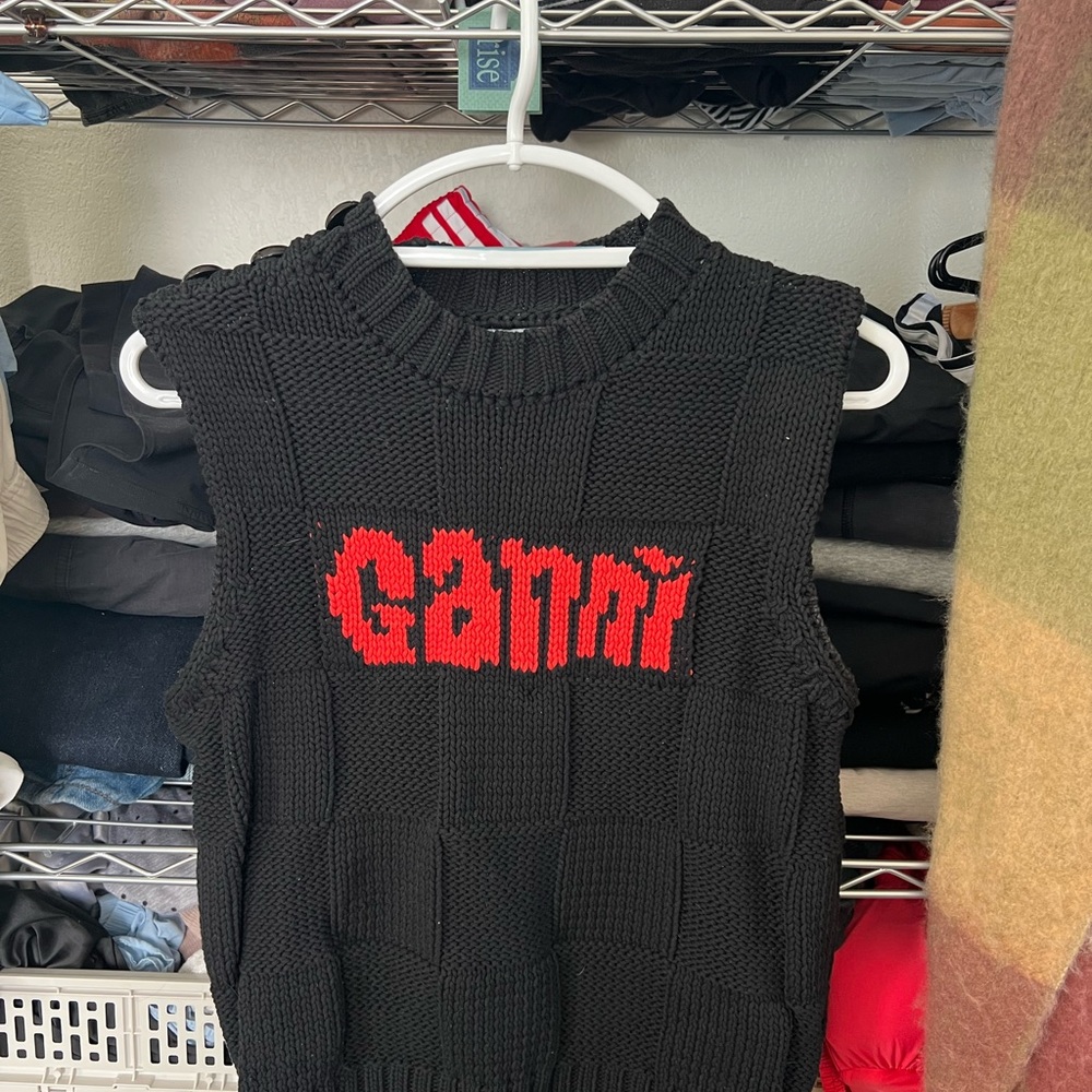 Ganni Black Knit Top with Red Accents